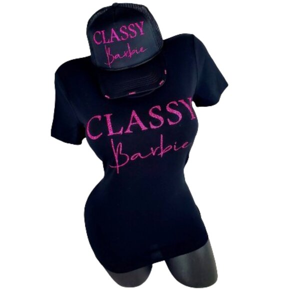Classy Barbie on a Black Fitted Spandex Tee with Shiny Glitter Lettering! - Picture 3 of 5